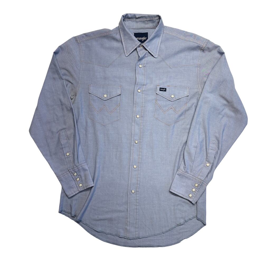 Vintage Wrangler Shirt Large Mens Blue Pearl Snap Western Rodeo Cowboy 90s